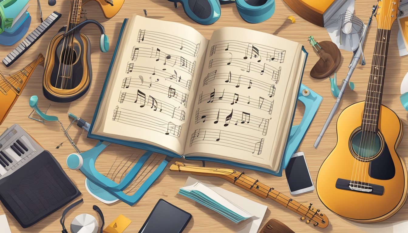 An open book with music notes and a guitar on a table, surrounded by various musical instruments and educational materials