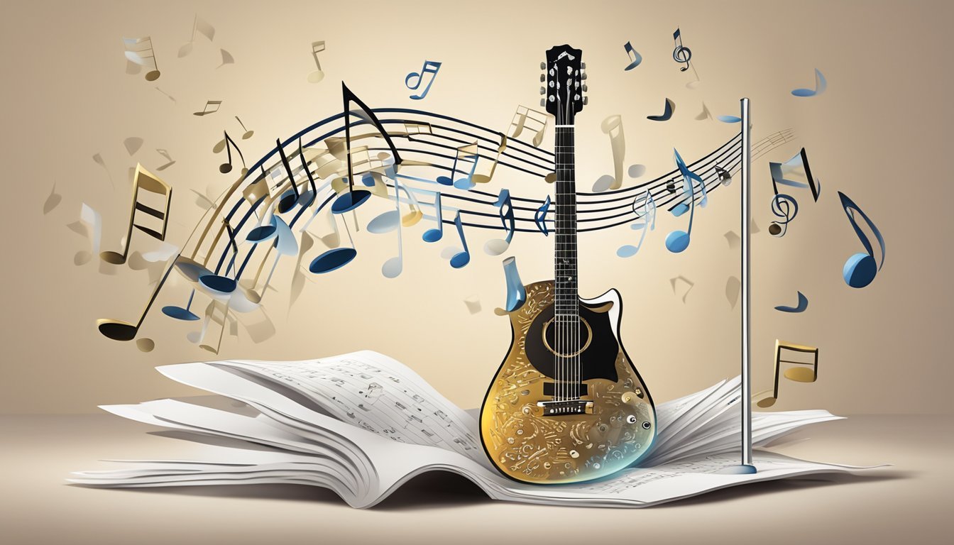 A guitar with sheet music on a stand, surrounded by musical notes and symbols floating in the air