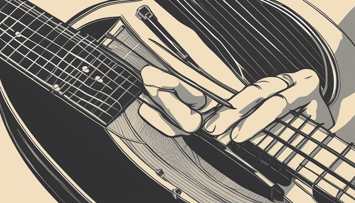 A hand strums a guitar, fingers pressed on the second fret of the A, D, and G strings, creating the B minor chord
