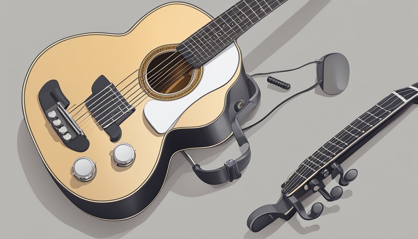An acoustic guitar resting on a flat surface, with a tuner attached to the headstock and the player's hand adjusting the tuning pegs