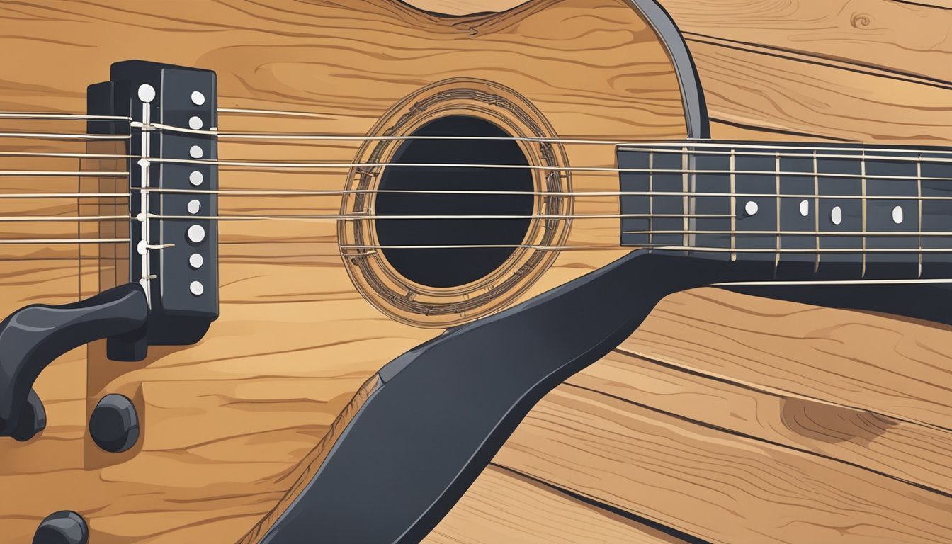 A guitar resting on a wooden surface, with a hand turning the tuning pegs while listening closely for the correct pitch