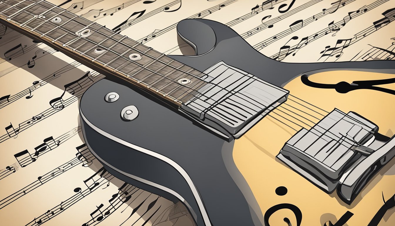 A guitar fretboard with musical notes on sheet music beside it