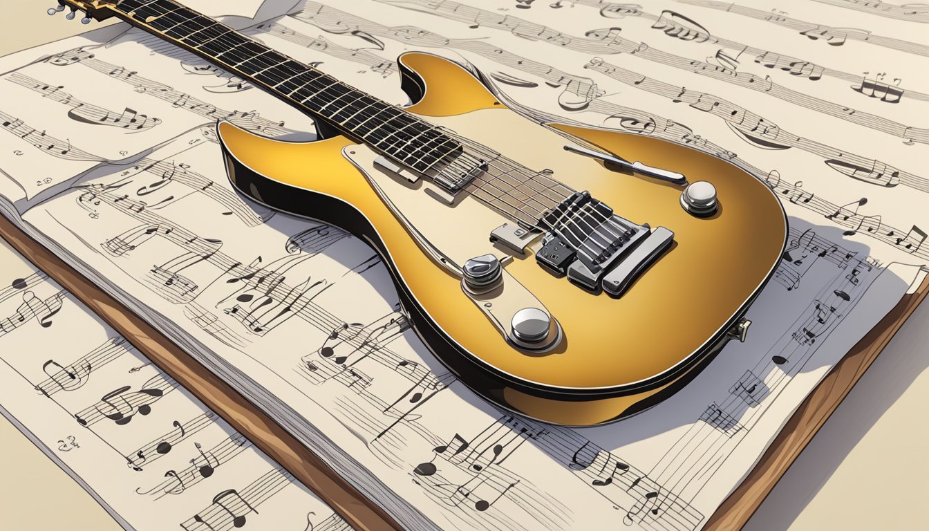 A guitar resting on a music stand, with sheet music displaying notes and chords