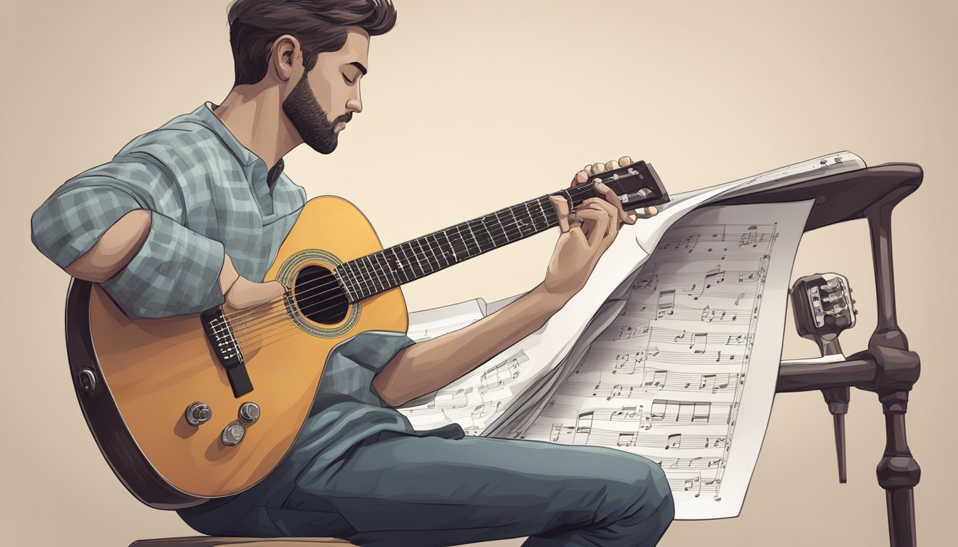 A guitar propped up on a stand, with a sheet of music notes in front.</p><p>A hand holding a pick, poised to play