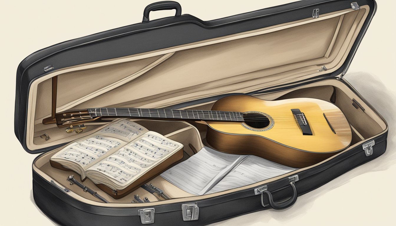 An open guitar case with sheet music, a music stand, and a pencil