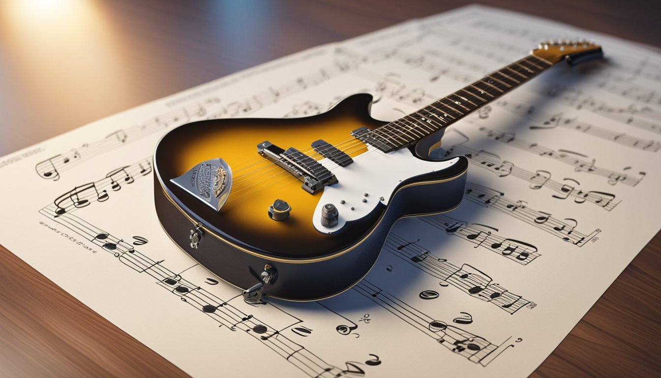 A guitar positioned on a stand, with a music sheet of the national anthem placed in front of it, and a pick resting on the sheet