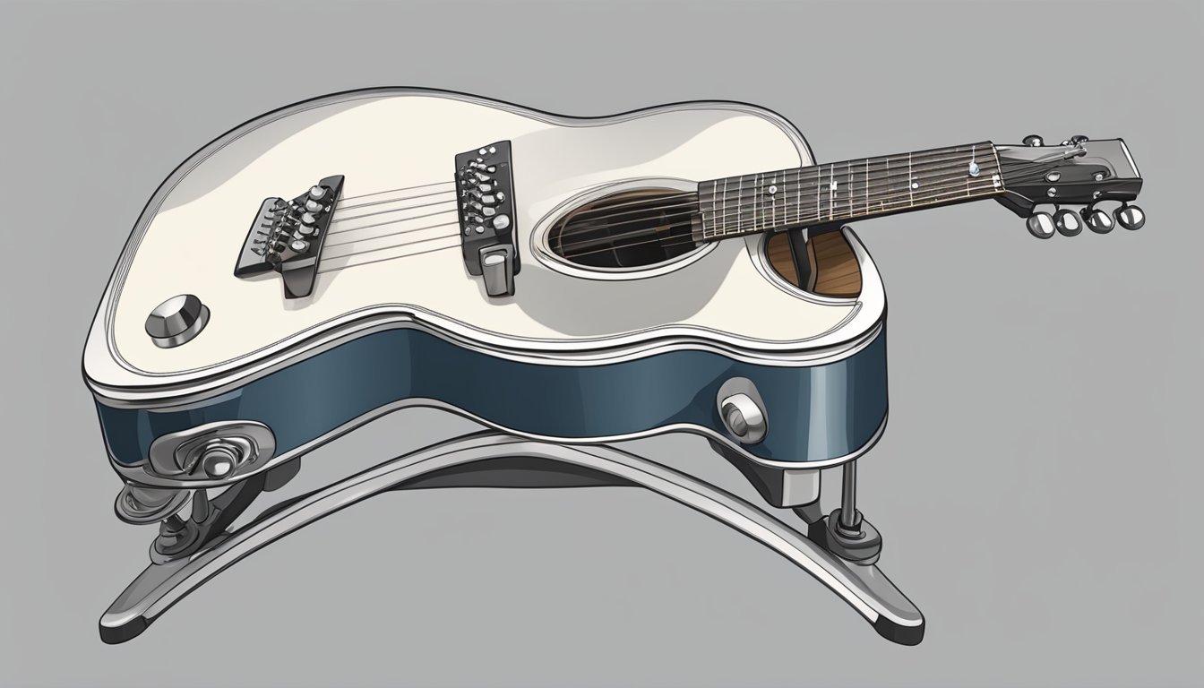 A guitar resting on a stand, with a tuner attached to the headstock.</p><p>The player's fingers adjust the tuning pegs as they prepare to play the national anthem