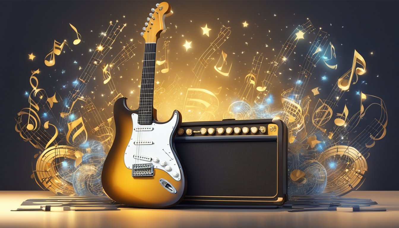 A guitar placed on a stand, surrounded by musical notes and symbols, with a spotlight shining on it, representing the history and significance of the national anthem