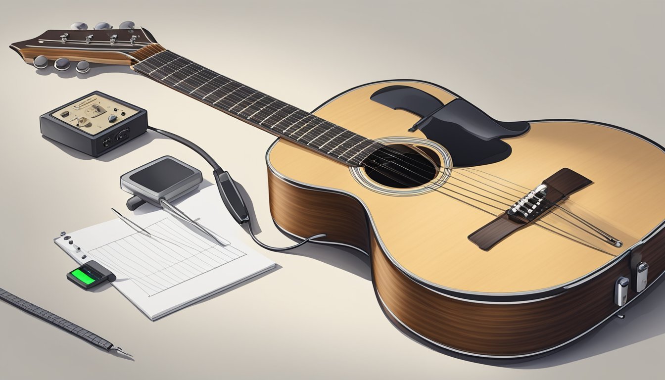 An acoustic guitar resting on a flat surface with a tuner attached to the headstock, displaying the note being played