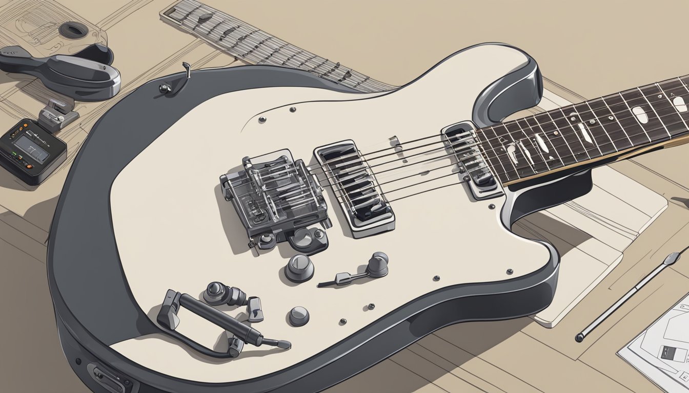 An electric guitar resting on a surface with a tuner attached, while a person uses a tool to adjust the tuning pegs