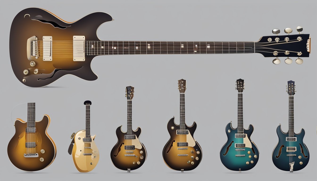 A guitar with six strings, each varying in thickness and color, stretched across the fretboard and secured at the tuning pegs