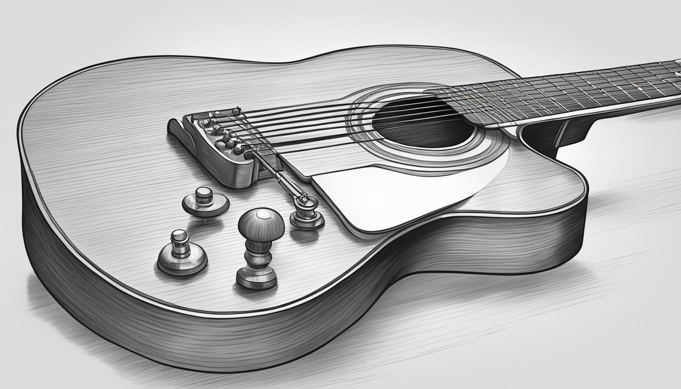 A guitar lying on a wooden table, with the tuning pegs and strings clearly visible.</p><p>The strings are taut and ready to be played