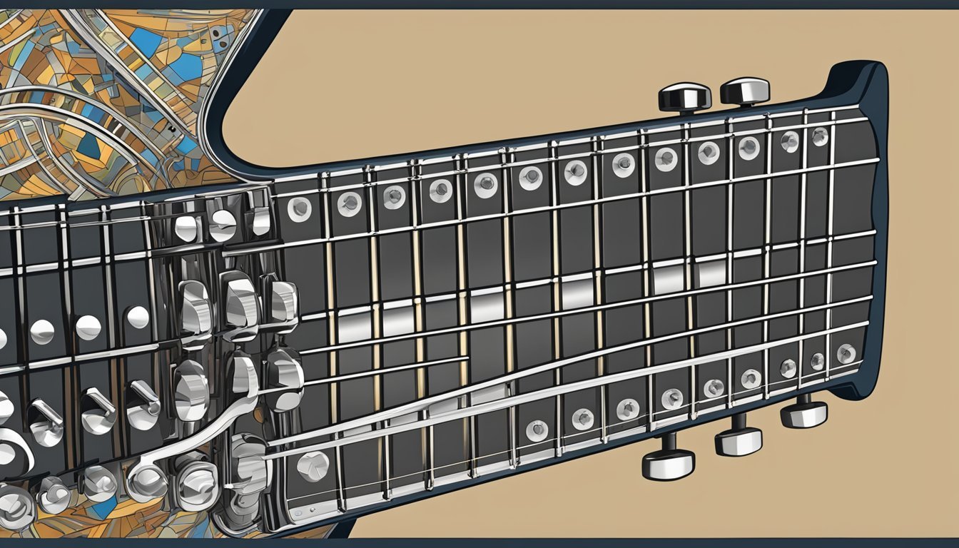 A guitar fretboard with six strings, each of a different thickness and color, running parallel to the frets