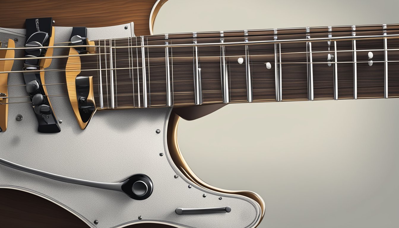 A guitar neck with frets and strings, fingers pressing down on different frets to play scales
