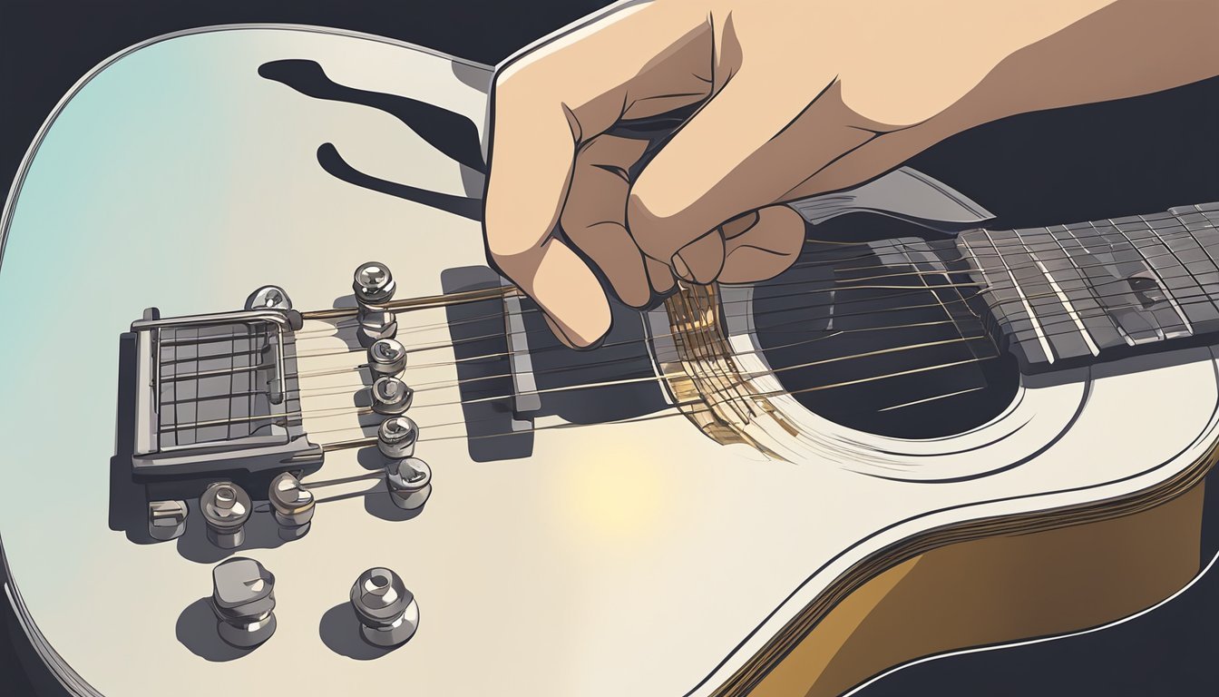 A guitar being adjusted with the tuning pegs to lower the pitch of the strings to achieve a drop D tuning