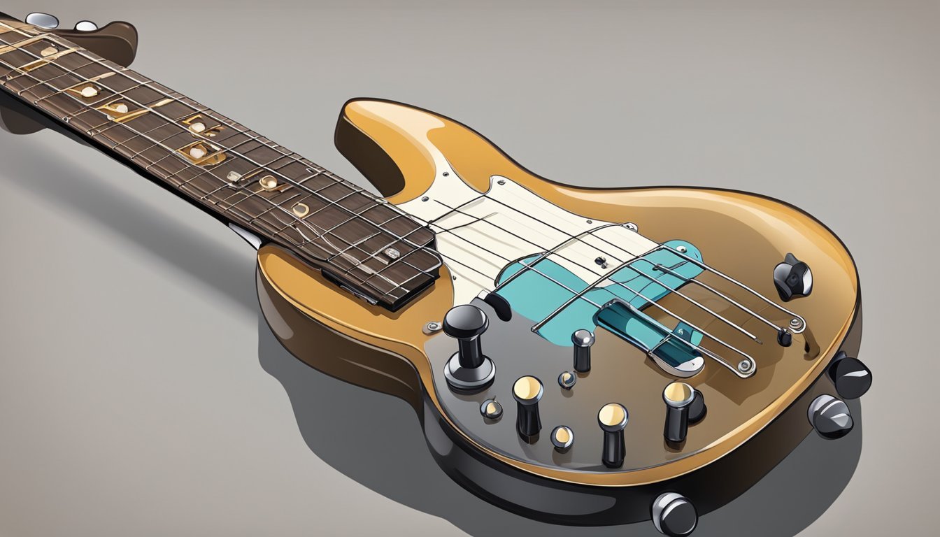 A bass guitar resting on a stand, with a tuner clipped to the headstock.</p><p>A hand adjusting the tuning pegs