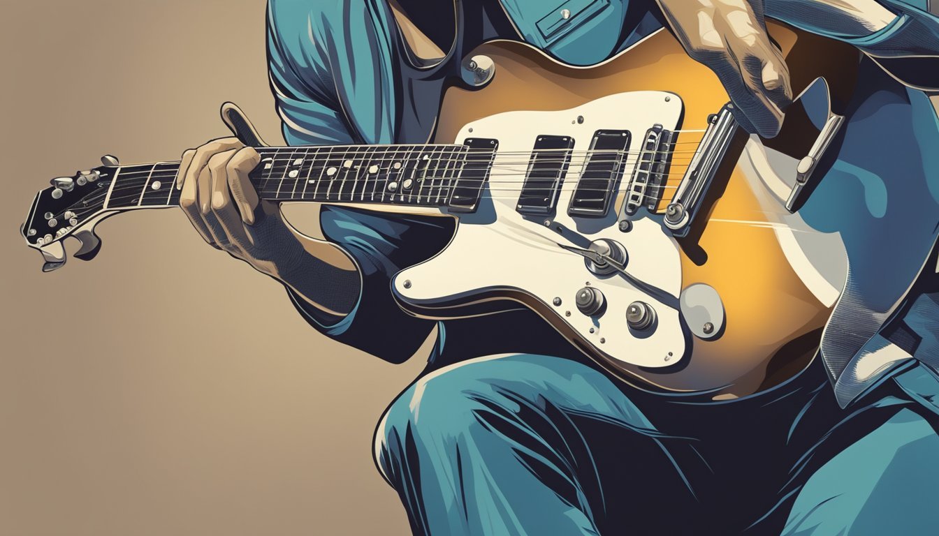 A guitarist strums a vintage electric guitar, fingers moving along the fretboard, as a soulful blues melody fills the air