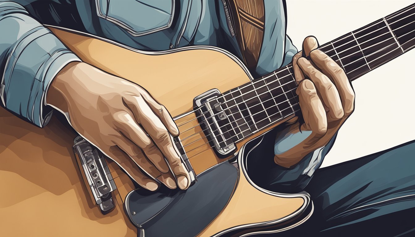 A hand strums a guitar, pressing down on the frets to form a chord