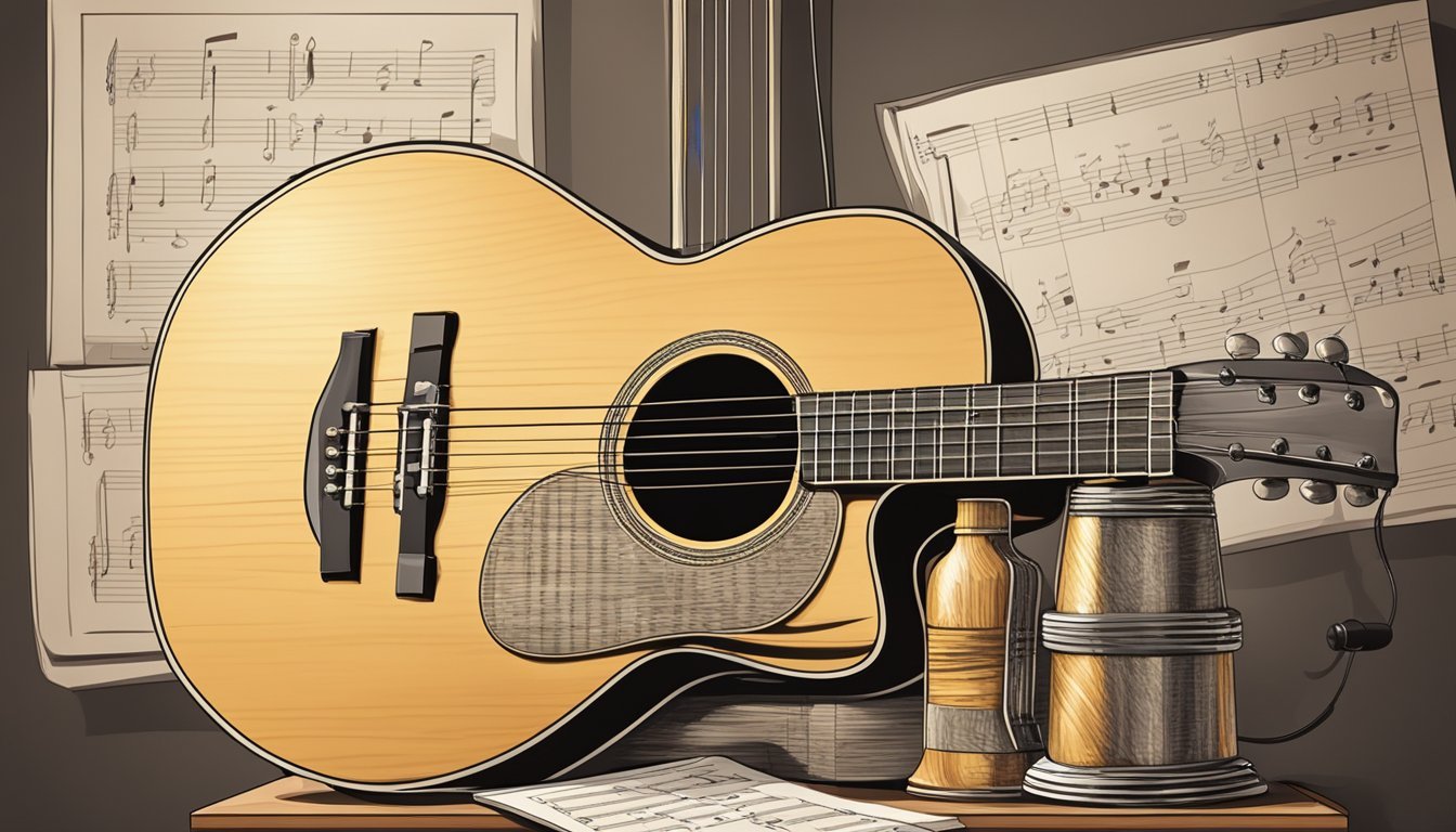 An acoustic guitar on a wooden stand, surrounded by music sheets and a pencil, with a spotlight highlighting the instrument