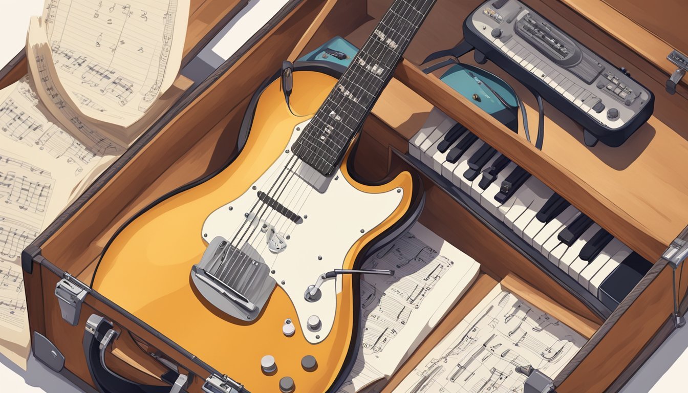 A guitar lying on an open case, surrounded by music sheets and a metronome, with a chair and a music stand nearby