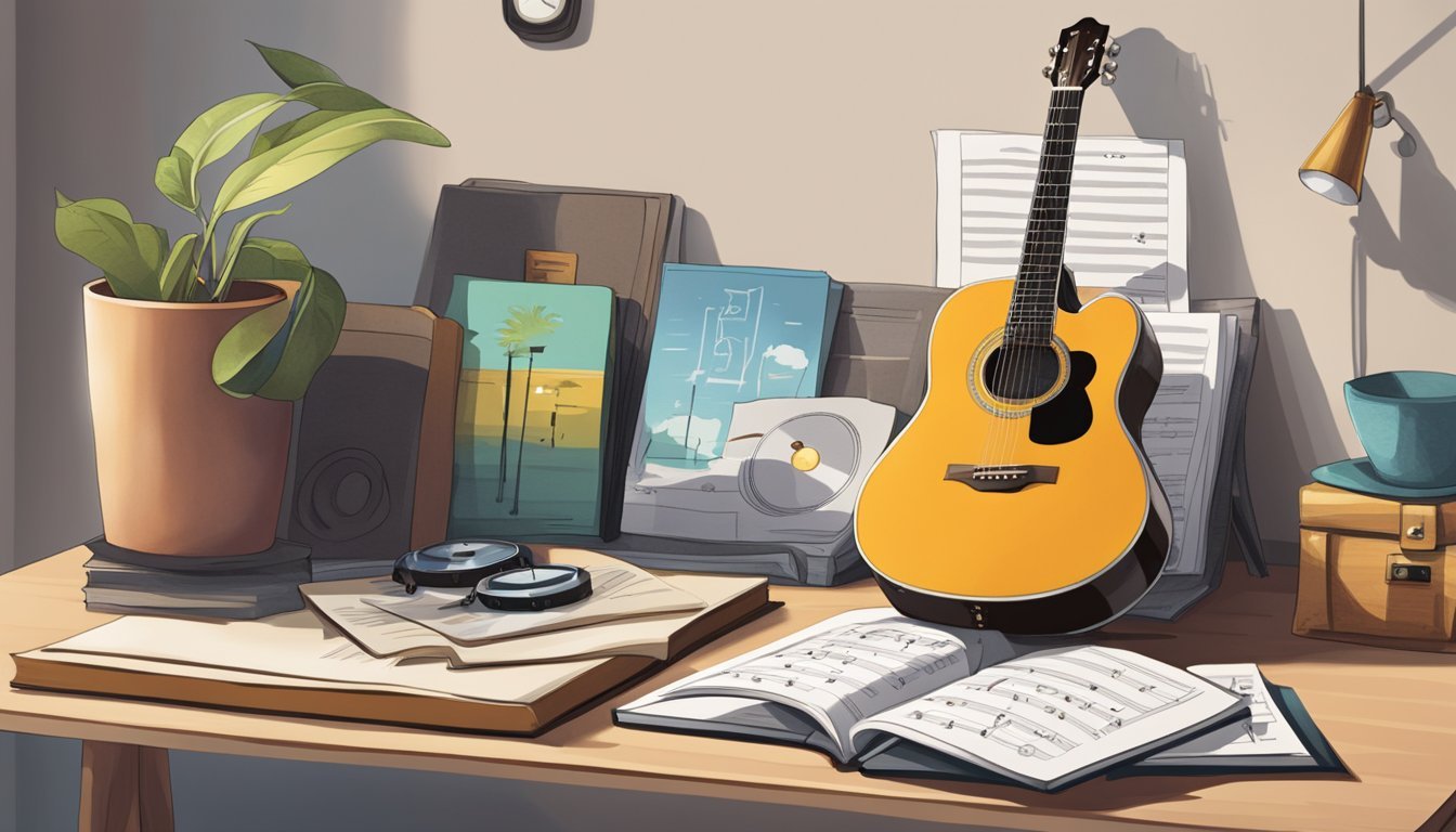 A guitar resting on a stand, surrounded by music sheets and a metronome.</p><p>A beginner's guide book lies open next to it