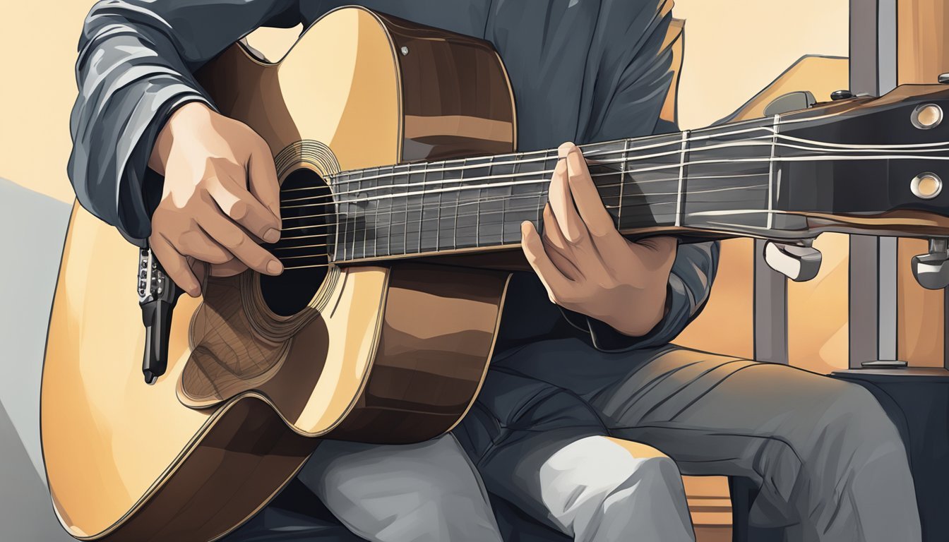 A guitar resting on a stand, with a hand hovering over the strings, ready to strum