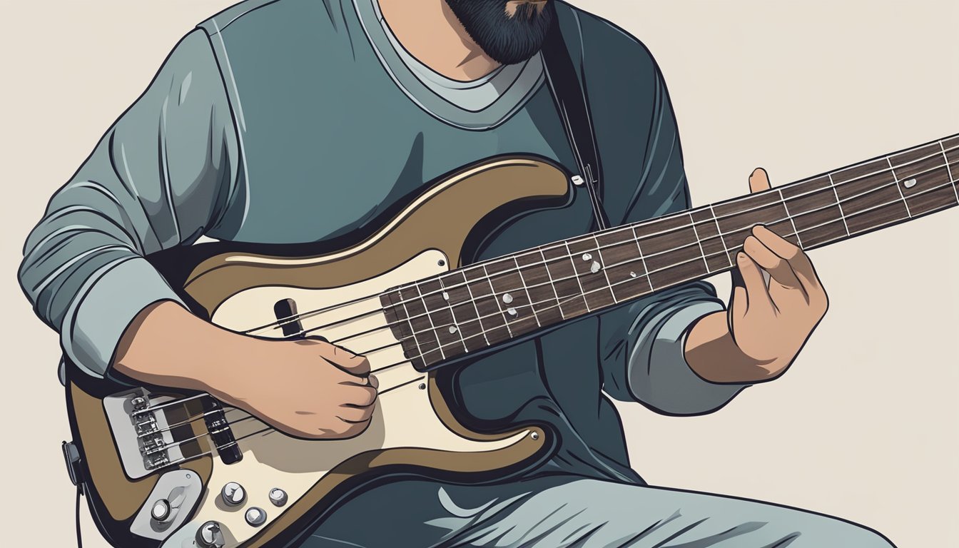 A bass guitar being held by a musician, fingers plucking the strings, while the other hand adjusts the tuning pegs