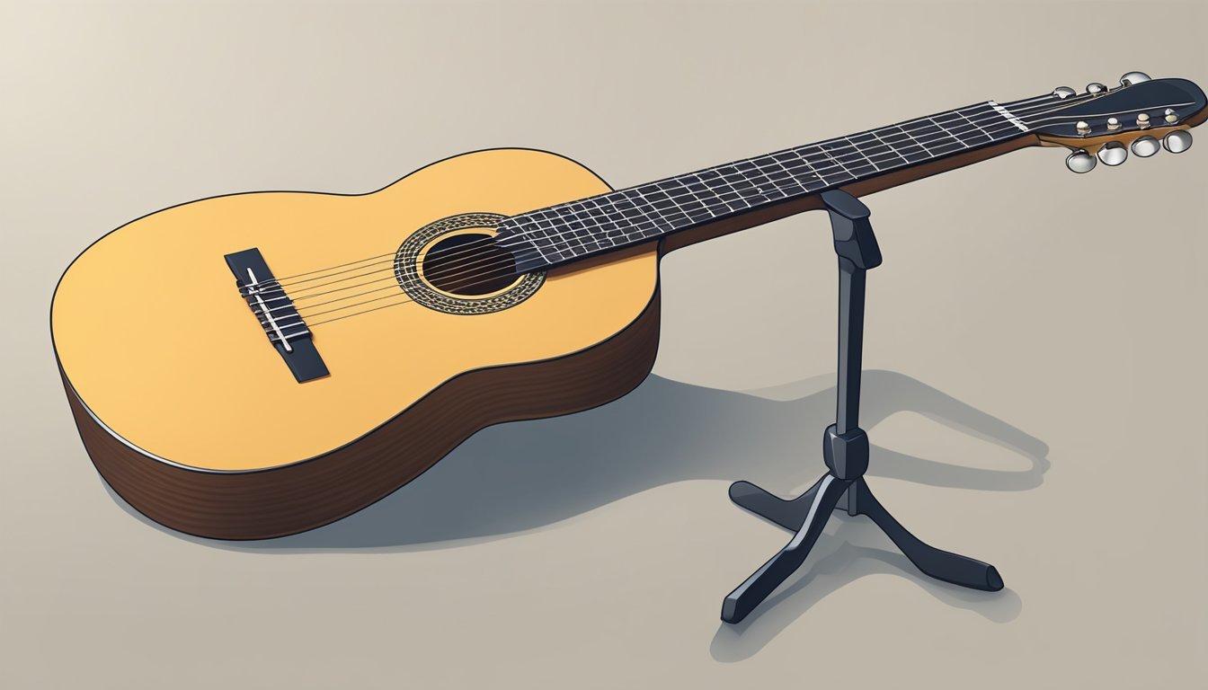 A classical guitar resting on a stand, with tuning pegs and strings visible.</p><p>A tuning fork or electronic tuner nearby