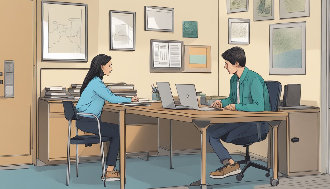 A person holding a guitar case and talking to a teacher behind a desk