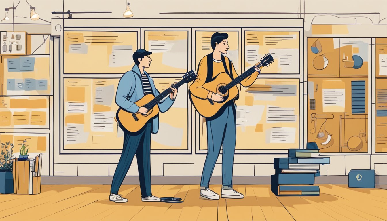 A person playing a guitar while a teacher points to a price list on a wall