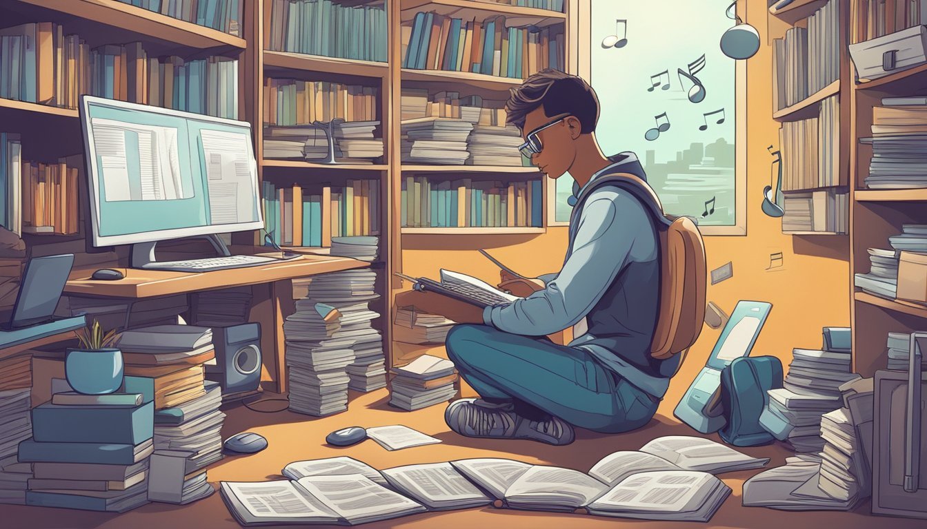 A person sitting at a computer, surrounded by music books and notes, searching for guitar lesson prices online and in local music stores