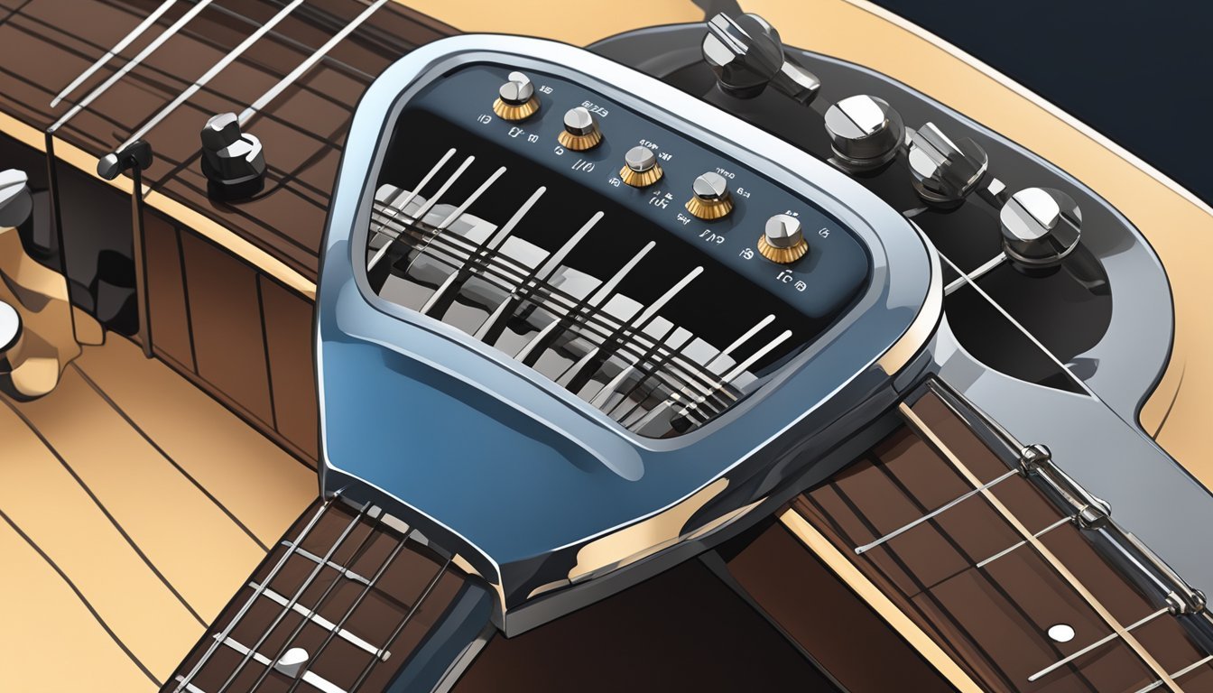 A guitar tuner being clipped onto the headstock of a guitar, with the tuner's display screen clearly visible and the tuning pegs in the background