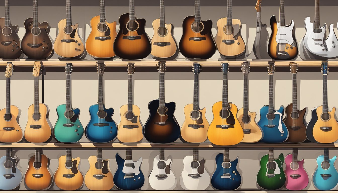 A display of various guitar strings in a music store, with different types and brands neatly organized on racks for purchase