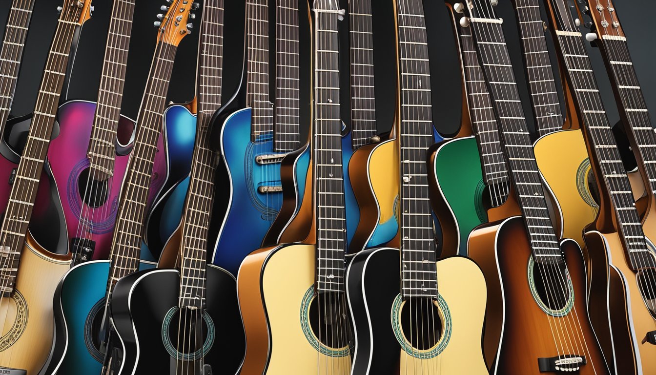 A display of top brand guitar strings in a music store, showcasing various types and sizes