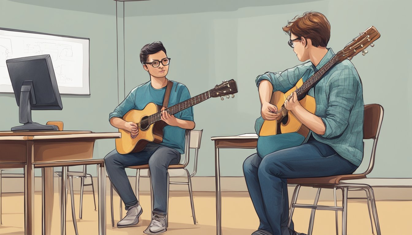 A person sitting on a chair, holding a guitar, while a teacher stands in front demonstrating techniques