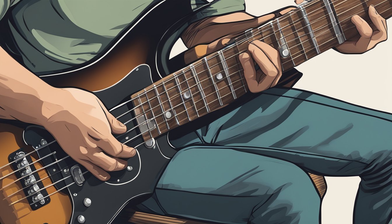 A person holding a bass guitar, with their fingers pressing down on the strings and their other hand plucking the strings