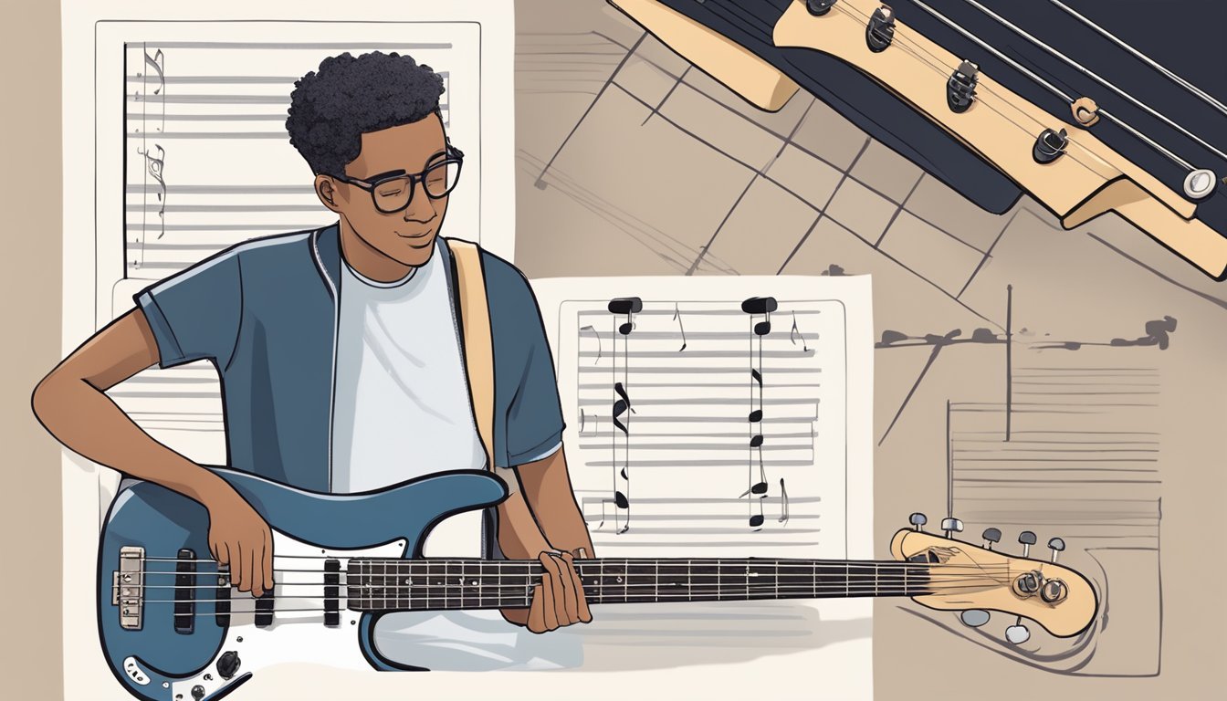 A person holding a bass guitar, practicing scales and finger exercises, with a music stand displaying a "Foundational Techniques and Exercises" book open to a page on beginner techniques
