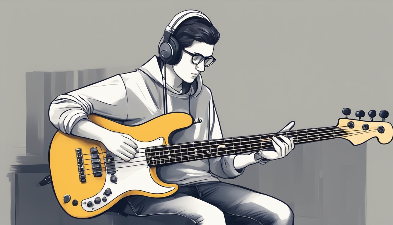 A person sits with a bass guitar, following along with a music sheet on a stand, while practicing the basics of playing