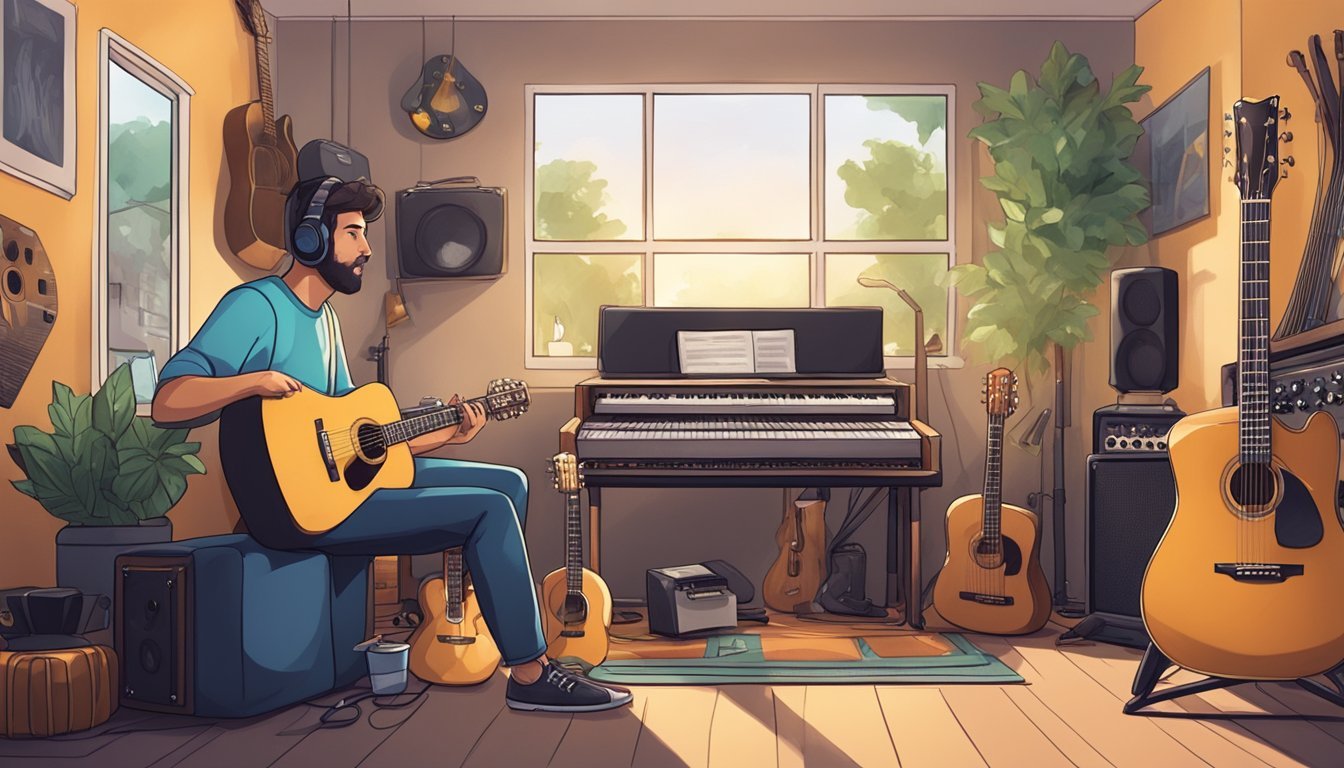A person sitting in a cozy music studio, surrounded by guitars and music equipment, speaking with a guitar instructor about lesson options