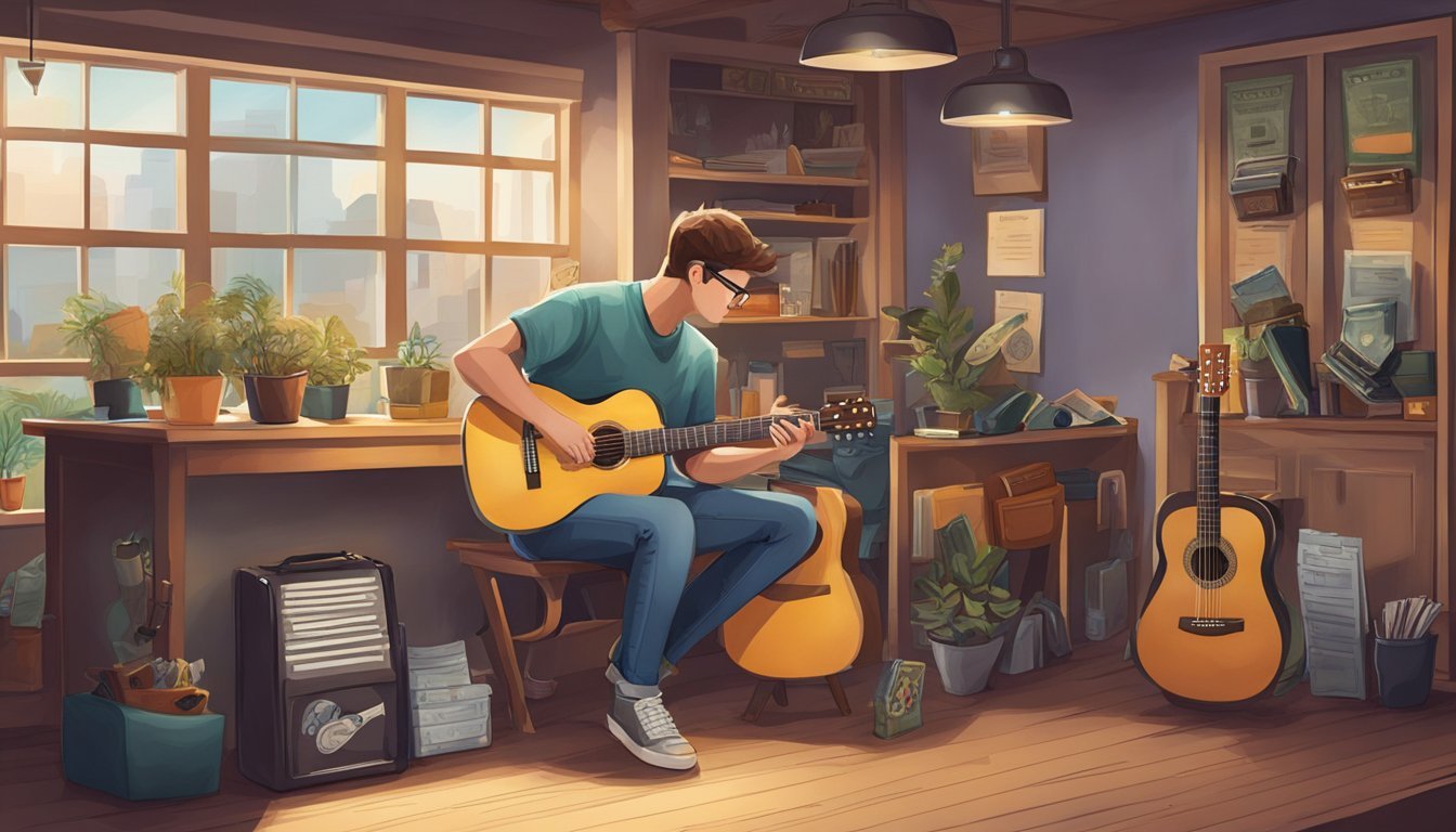 A person paying for guitar lessons with a guitar case open, money being exchanged, and a price list displayed