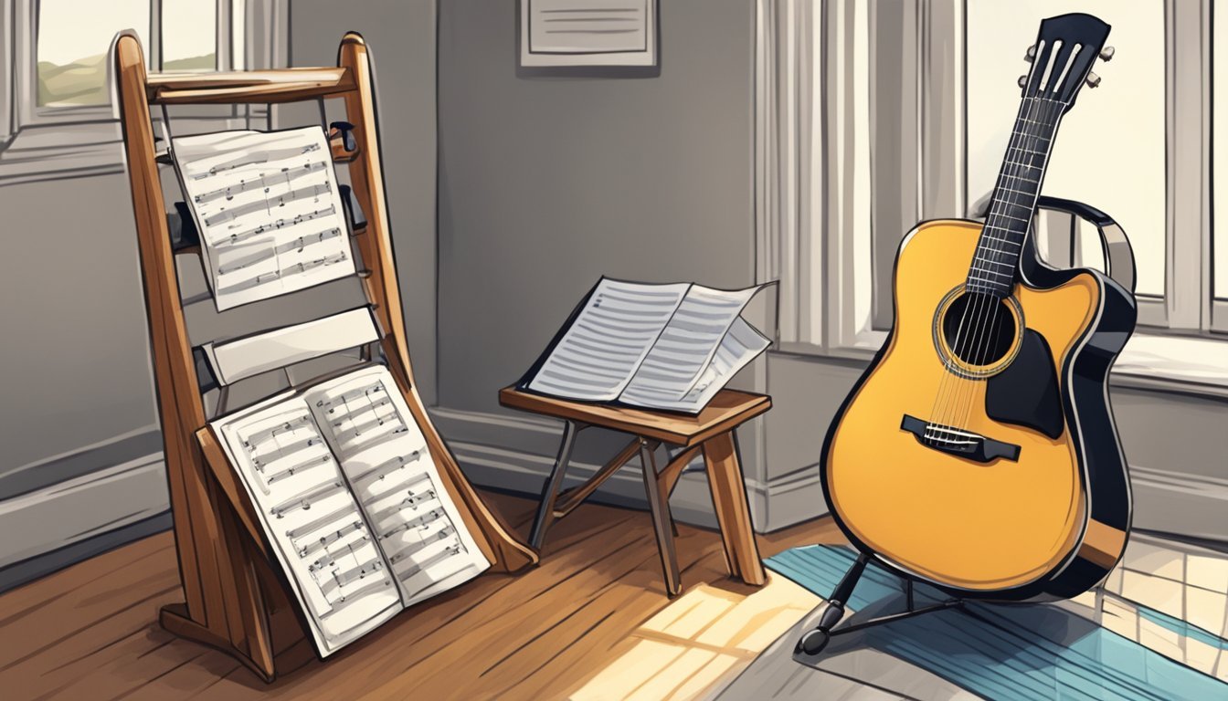 A guitar resting on a music stand, surrounded by sheet music and a metronome, with a chair nearby for the instructor