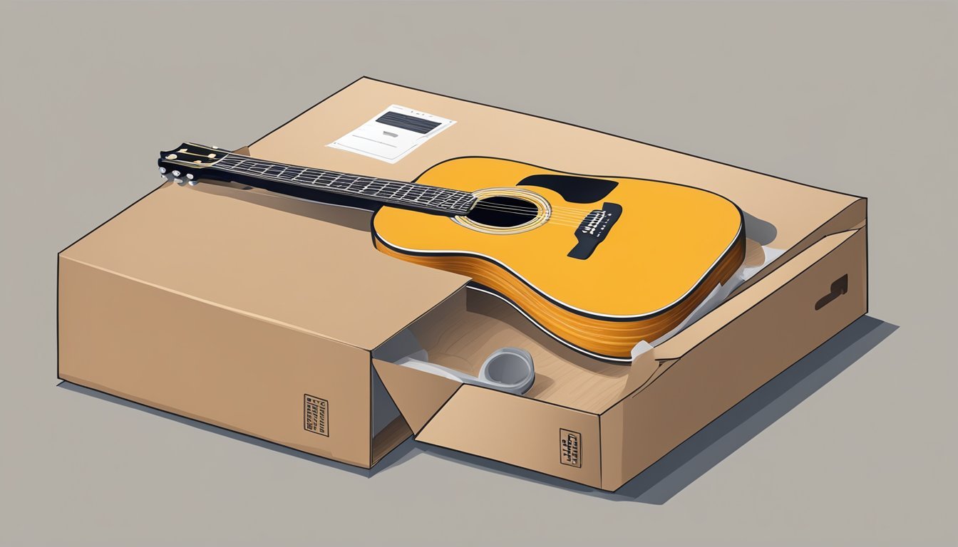 A guitar being carefully packed in a sturdy cardboard box, sealed with tape, and labeled for shipping