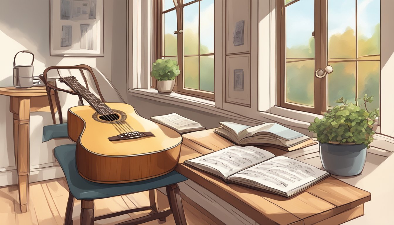 A guitar resting on a stand with a music book open to a fingerstyle lesson, surrounded by a cozy chair, a mug of tea, and a window with soft natural light