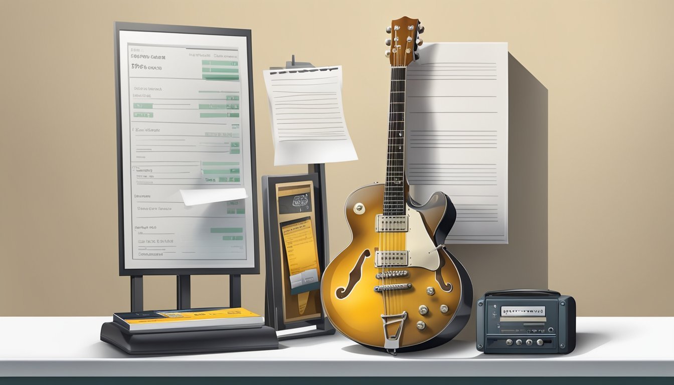 A guitar resting on a stand next to a price list and a payment box