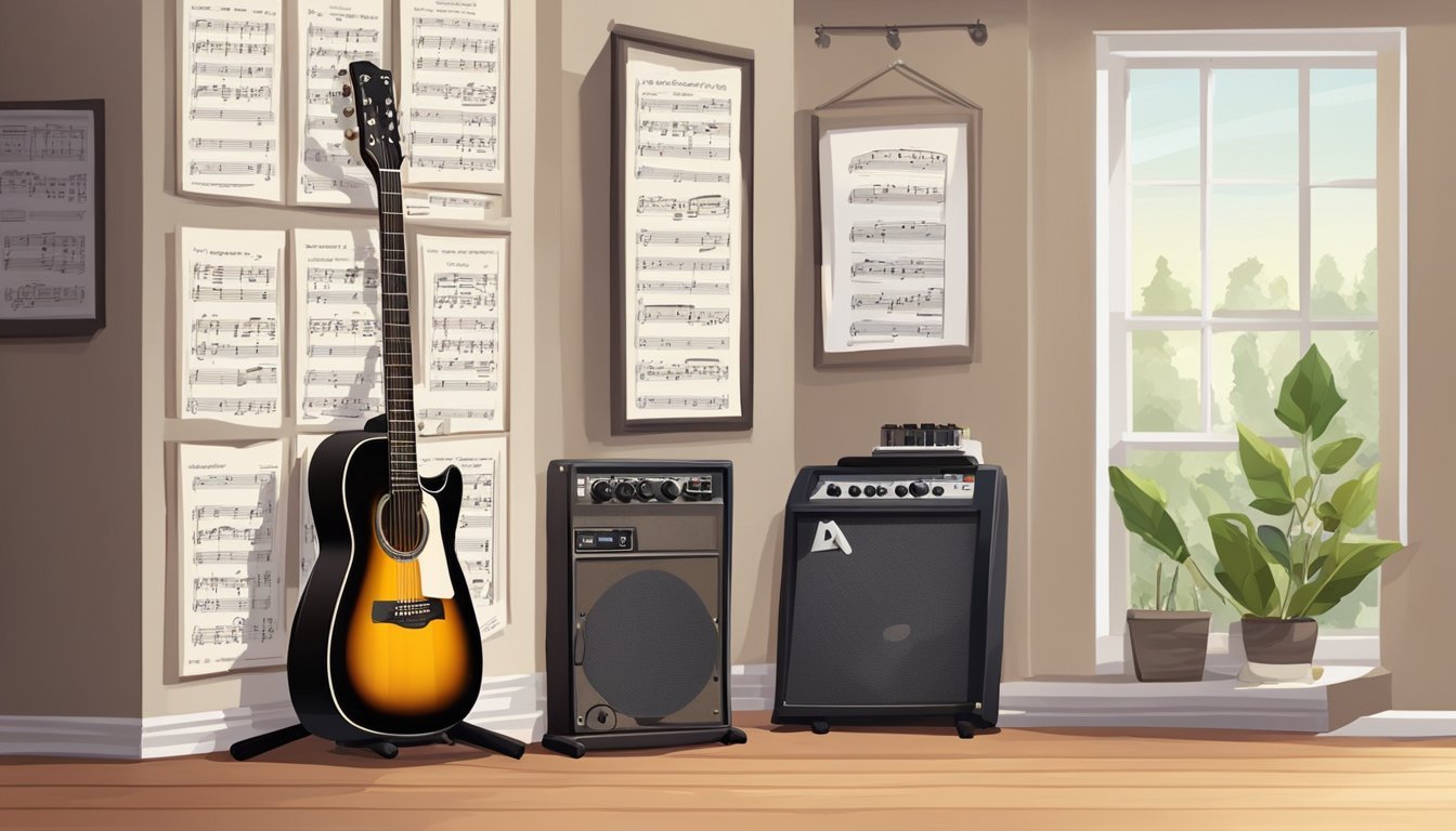 A cozy music studio with a guitar on a stand, surrounded by sheet music and a metronome.</p><p>A price list for guitar lessons is displayed on the wall