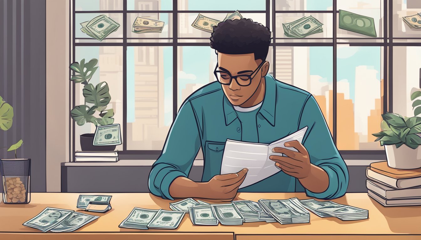 A person counting money while looking at a flyer for guitar lessons, with a calculator and notebook nearby
