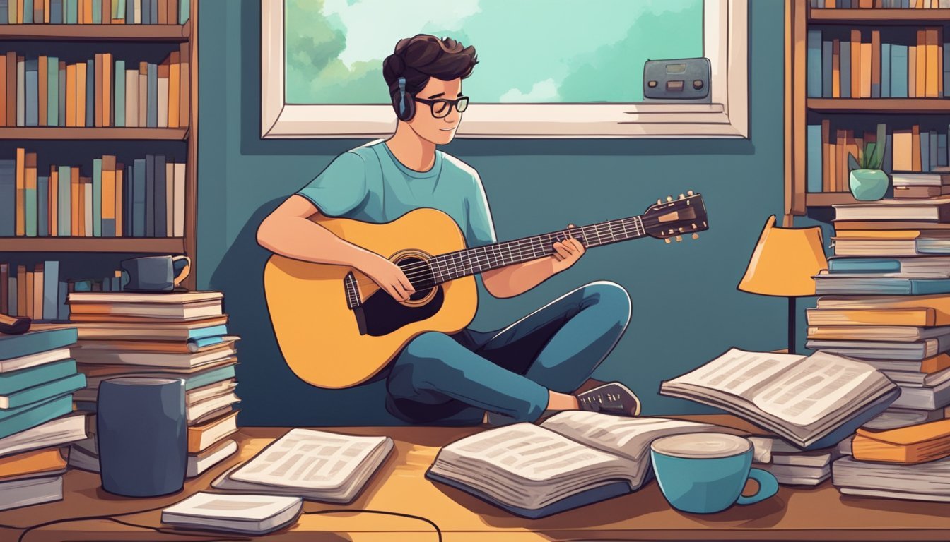 A person sitting in a cozy room with a guitar, surrounded by music books and online resources, eagerly learning and practicing