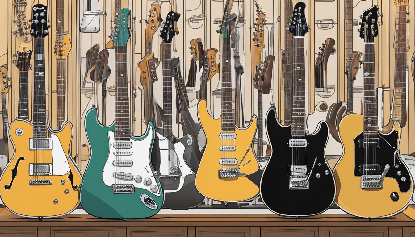 A music store display featuring top guitar brands and their signature strings