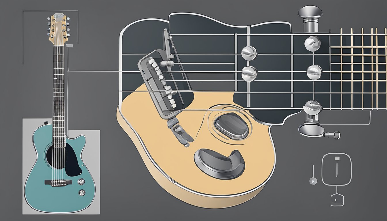 A guitar placed on a flat surface with a tuner attached to the headstock.</p><p>The tuner screen displays the string being plucked and the corresponding note