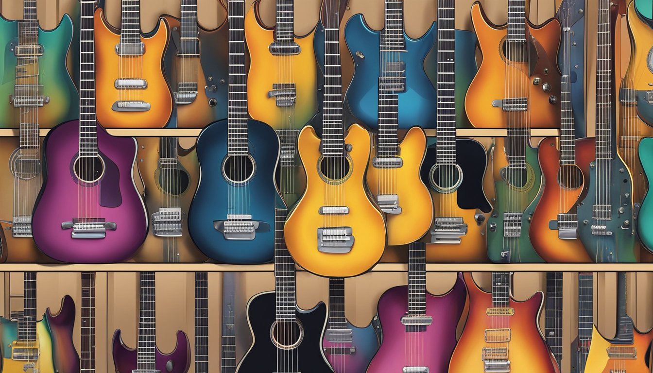 A display of various guitar strings in colorful packaging on a music store shelf